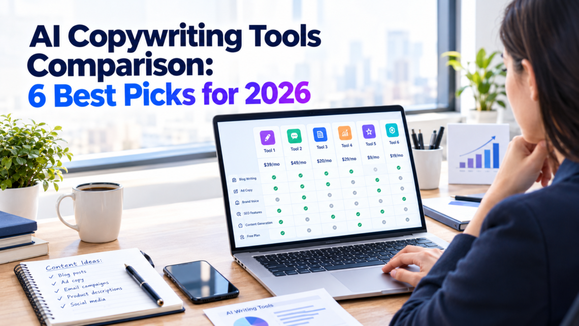 Comparison of AI copywriting tools for 2026, showing different writing platforms evaluated for features, performance, and content creation.