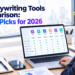 Comparison of AI copywriting tools for 2026, showing different writing platforms evaluated for features, performance, and content creation.