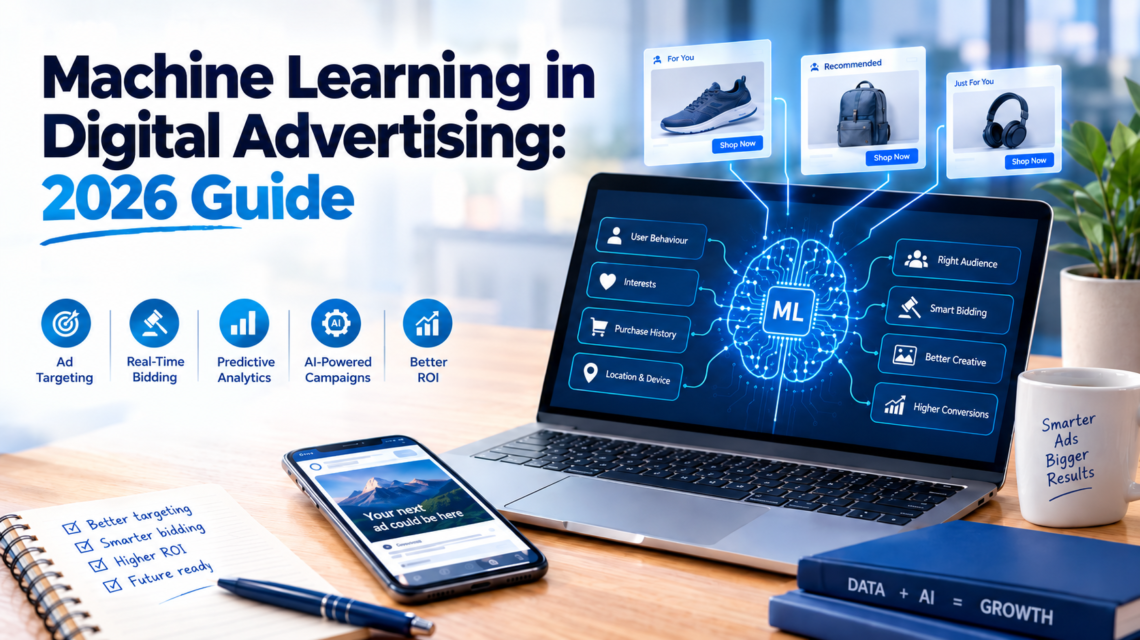 Machine learning in digital advertising, showing AI-powered ad targeting, audience insights, automated campaigns, and data-driven marketing in 2026.
